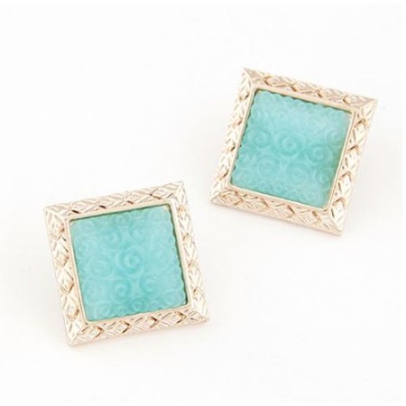 Square Blue Green Gold Rimmed Stud Earrings